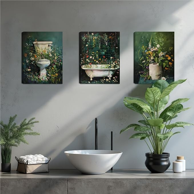 Framed Vintage Floral Bathroom Wall Art Set of 3, Dark Green Moody Flower Canvas Prints, Rustic Cottagecore Wildflower Paintings for Toilet Restroom Home Decor 12x16 inch