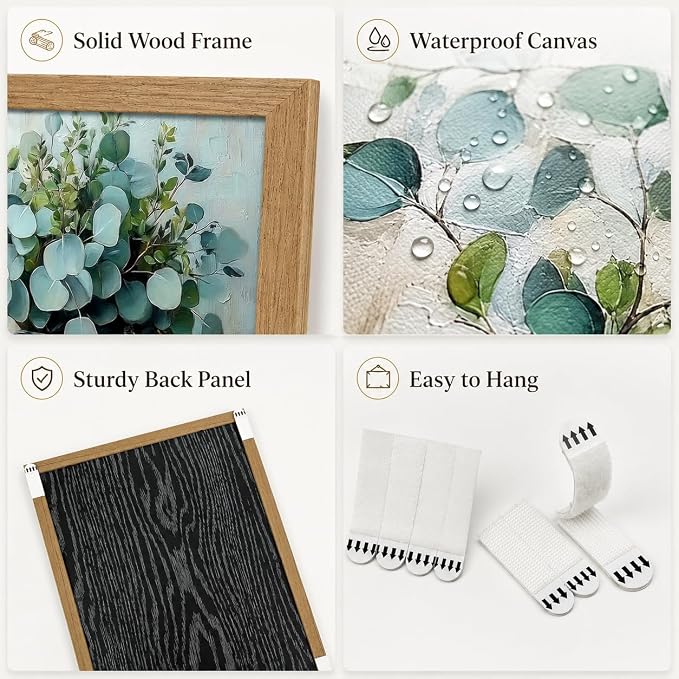 Wood Framed Rustic Eucalyptus Wall Art Sage Green in Glass Plants Vase Canvas Painting Picture Wall Decor Farmhouse Neutral Poster Print Artwork for Living Room, Bedroom, Bathroom Home Decoration