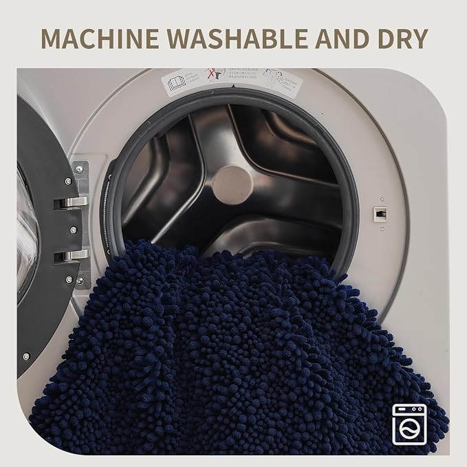 Bathroom Rugs Non Slip Washable 55x24, Extra Thick Soft Chenille Absorbent Bath Mat, High Density Barrier Non Slip Backing, Quick Dry Plush Shaggy Floor Carpet for Tub&Shower, Navy