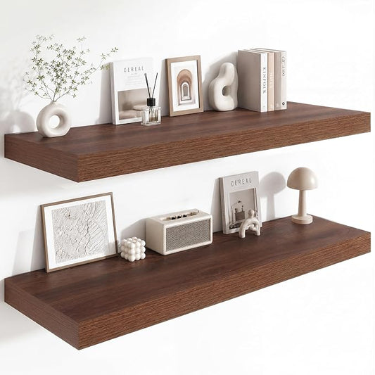 12 Deep Floating Shelves for wall,48 Inch Extra Long Large Wall Shelves Set of 2,2 Inch Thick Heavy Duty Floating Wall Mounted Shelves,Floating Shelf for Fireplace Mantel,Walnut Color