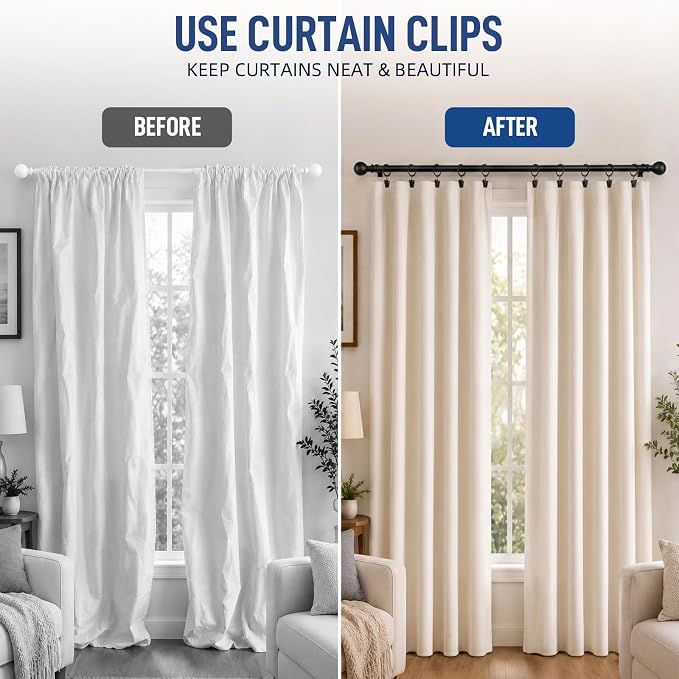 Lansian 100 Pack Curtain Rings with Clips Hooks 1 in Diameter Rustproof | Matte Metal Stainless Steel Drapery Rings for Tension Rod Bracket Eyelets Decorative Hanger, Fits 3/4 in Rods, Black