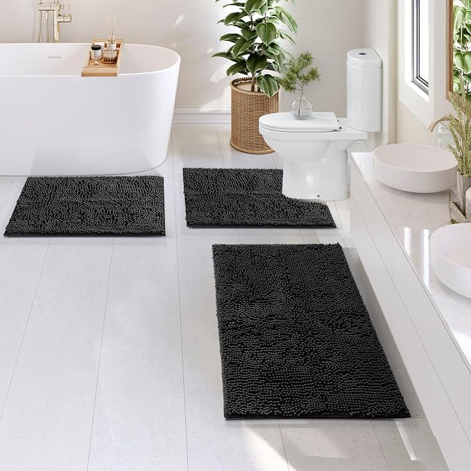 Hearth & Harbor Bathroom Rugs, Chenille Bath Mat - Machine Washable Bath Mats for Bathroom Non-Slip Backing Rubber, Quick Dry Mat - Black Bath Rug, 17x24-20x32-20x24