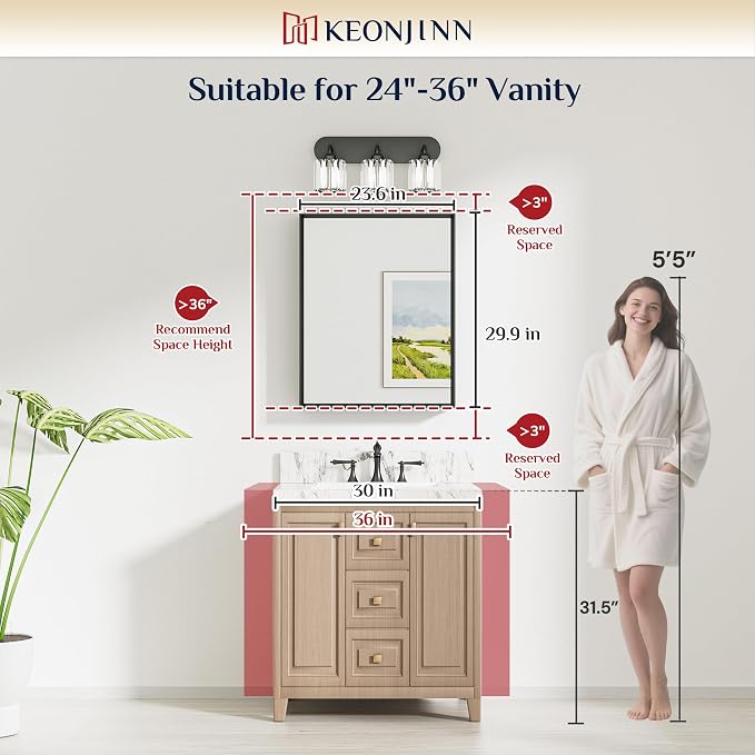 Keonjinn 24 x 30 Inch Black Bathroom Mirrors for Over Sink, Metal Framed | Anti Rust, Beveled Rectangle Framed Mirrors for Wall, Black Bathroom Vanity Mirror, Tempered Glass, Square Corner