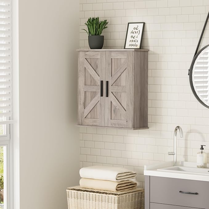 Homleke Bathroom Wall Cabinet, Medicine Cabinet with Adjustable Shelves | 3-Tier Wall Mounted Over Toilet Storage with Barn Doors, for Bathroom, Kitchen, Entryway, Laundry Room, Greige, (7.9" D)