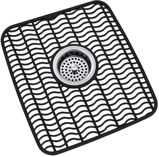 Dependable Industries Inc. Essentials 2 Pack Plastic Sink Protector Mat with Center Drain Cutout Protect Sink and Glasses and Dishes from Scratches and Breaks 12" x 11" (Black)