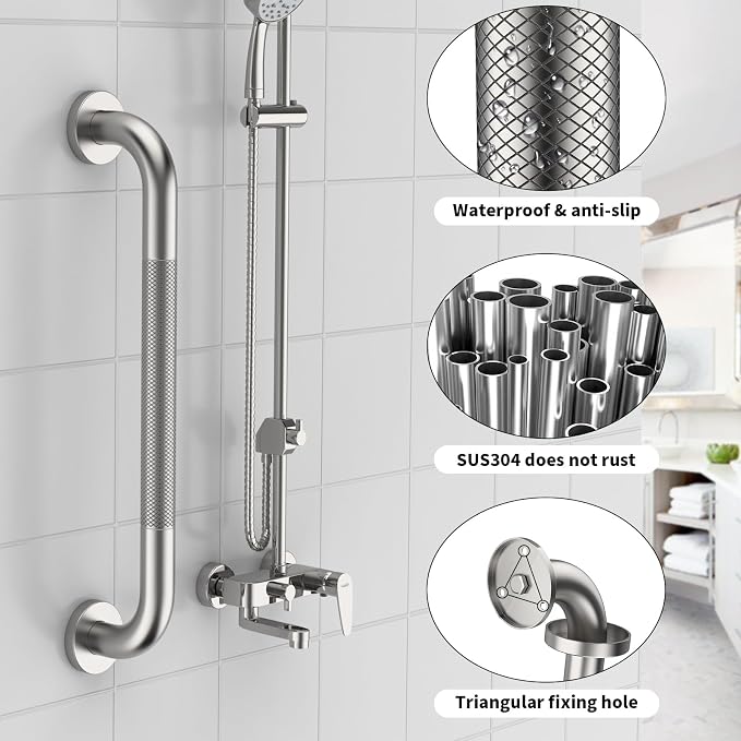 ZUEXT 2 Pack 16 Inch Brushed Nickel Non Slip Shower Grab Bar w/Knurled Grip | Bathroom Balance Support Rail, Assist Handle for Handicap Elderly Seniors, Wall Mounted Stainless Steel Bath Safety Handrail