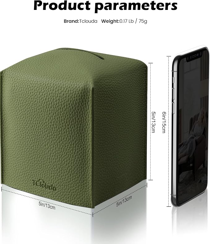 Tissue Box Cover for PU Leather, Modern Simple Solid Color Holder Square Tissue Bag, Ideal for Bathrooms,Office,Car,Nightstand,Outdoor Tent,Dining Table,5"X5"X5", Double Green