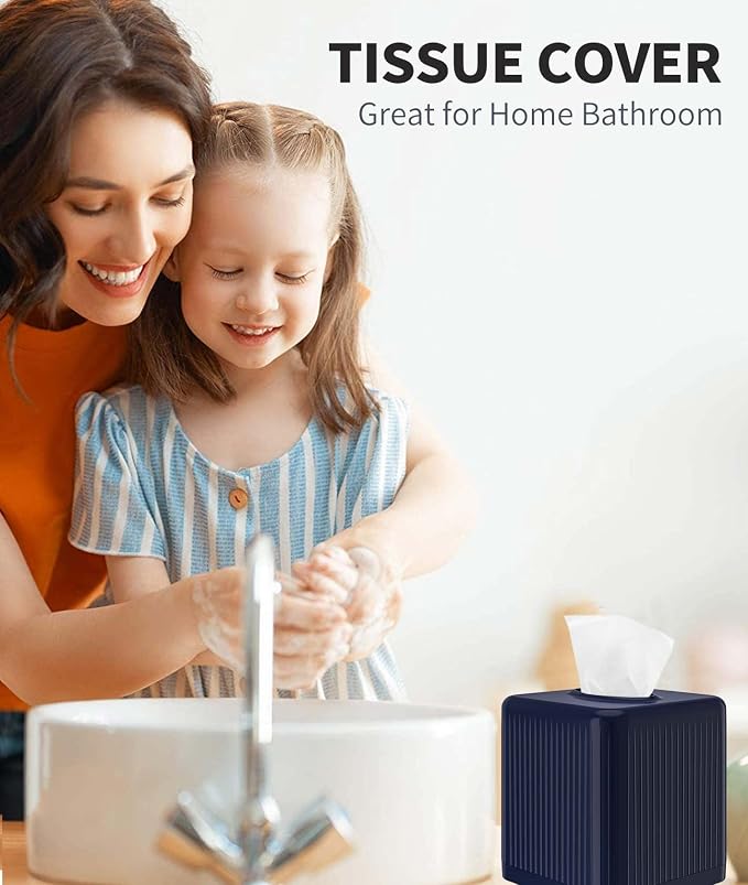 Livelab Tissue Box Cover with Base, Square Plastic Tissue Box Holder Decorative Tissue Box Case Modern Facial Paper Dispenser for Bathroom, Vanity Countertops, Night Stands, Desk - Navy Blue