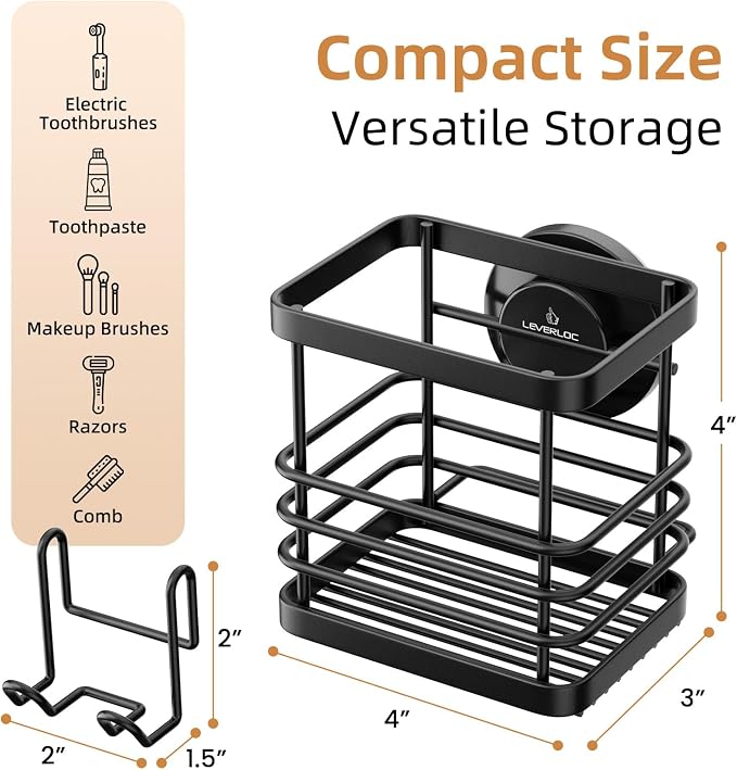 Powerful Suction Cup Stainless Steel Toothbrush Holders, Black | Removable Shower Tooth brush and Toothpaste Holder, Strong Suction Up to 11lbs, Anti-Puddling ,No Drill Bathroom Organizer