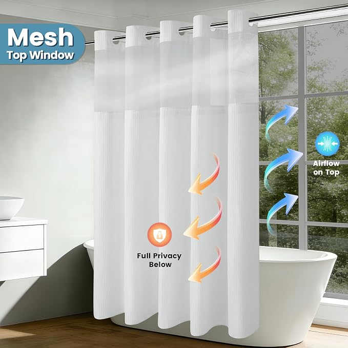 EUTXL Heavyweight No Hook Shower Curtain with Liner, White, 36x74 | Snap in Liner, Thick Waffle Fabric, Hotel Quality, Corner Magnets, Waterproof & Washable