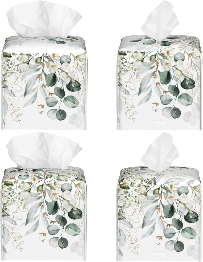 Eucalyptus Leaves and Flowers Tissue Box Cover Square,Watercolor Green Leaves Branches Tissue Box Holder Waterproof Leather Facial Paper Organizer Dispenser for Bathroom Home Car Nightstand Vanity