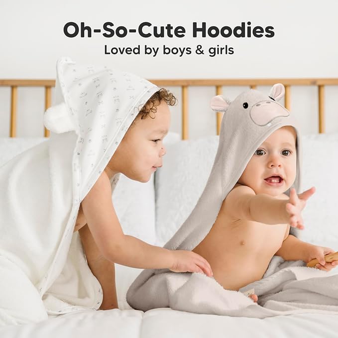 KeaBabies Hooded Baby Towel for Newborn, Baby Bath Towels (Hippo, 35x35) | Viscose Derived from Bamboo, Large Baby Towels with Hood, Boys, Girls, Toddler, Soft Absorbent Baby Bath Essentials
