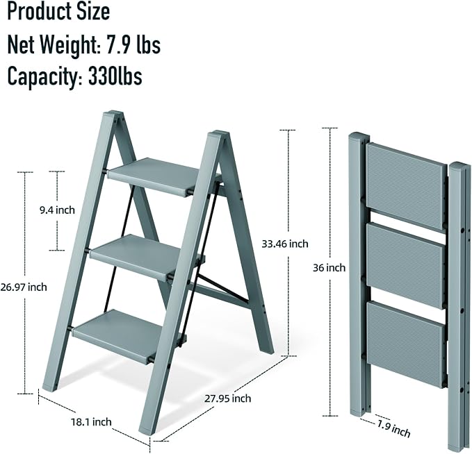 Mayi Plus 3 Step Stool Foldable, Aluminum, Lightweight Step Ladder | Extra-wide anti-slip folding steps with 330 lbs, for home,kitchen,office,outdoor,office,Blue