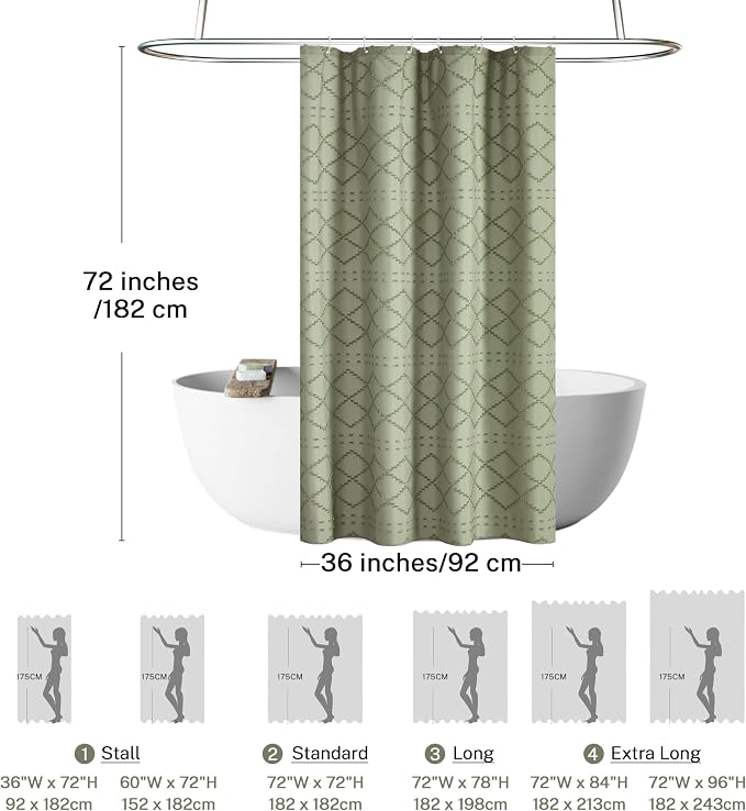 Small Stall Boho Shower Curtain - Sage Green Tassle Woven Fabric - 36 x 72 Half Size - Tufted Chevron Striped Textured Modern Farmhouse Minimalist Cloth Shower Curtain for Bathroom