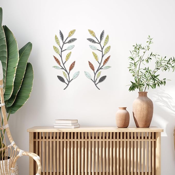 Zhengmy 2 Pcs Metal Leaf Wall Art Vine Branch Decor,Multi Color