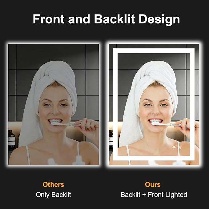 32x24 LED Bathroom Mirror with Lights, Lighted Vanity Mirror for Wall | Front and Backlit, Anti Fog, Dimmable 3 Color Lighting, Memory Function, Shatter Resistant Glass, Plug in or Hardwired
