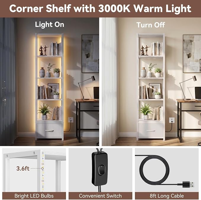 Housolution 6 Tier 60.6" Tall Bookshelf with Storage and LED Light, White | Narrow Corner Shelf Stand with Fabric Drawer, Bookcase Storage Organizer, Standing Shelf Unit for Small Spaces