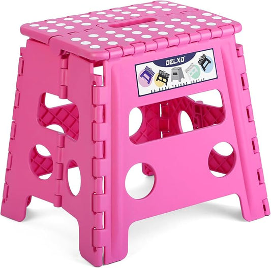 Delxo Folding Step Stool 13 Inch,300 Lbs Step Stool for Adults Pink | Foldable Step Stool 13",Non-Slip Foot Stools with Handle,Lightweight Collapsible stools for Kitchen,Bathroom,Bedroom,Garden