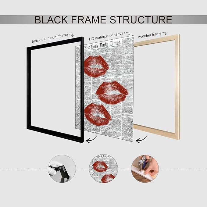 Black White Newspaper Canvas Wall Art Fashion Red Kiss Lips Aesthetic Poster 24X36 inch Black Framed Trendy Girly Sexy Canvas Prints for Bar Cart Makeup Room Wall Decor