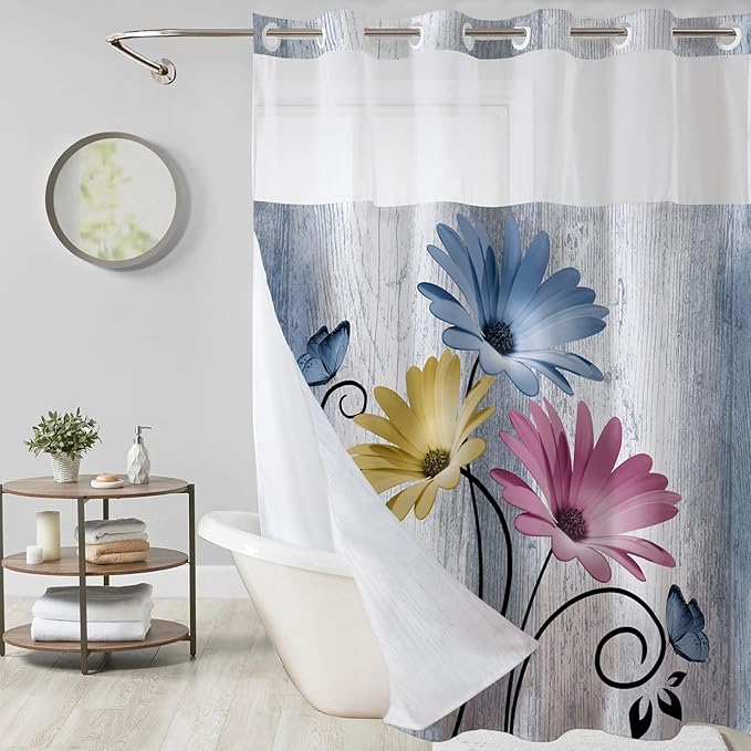 Mixed Color Watercolor Floral Shower Curtain,No Hook Shower Curtain,Polyester Shower Curtains with Snap in Fabric,Sheer Top Window for Bathroom Decor,Waterproof & Washable,72W x 87L Inch