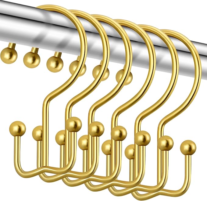 CHICTIE Gold Shower Curtain Hooks, Double Shower Curtain Rings, Stainless Steel Shower Curtain Hooks Rings Rust Proof, Anti-Drop Shower Hooks Hangers for Shower Curtain Rods Bathroom (12 Pack)