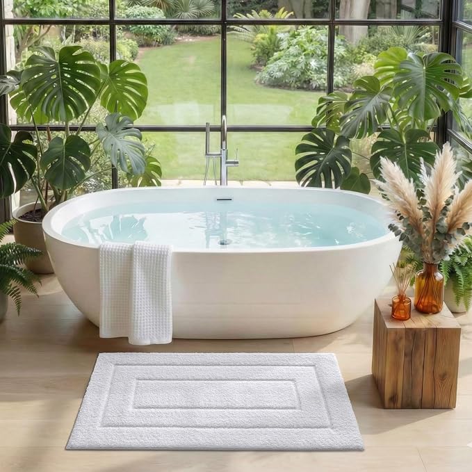 DEXI Bathroom Rugs 24x16, Non-Slip and Absorbent Bath Mat, White | Machine Washable, Soft Plush Microfiber Bathmat with Rubber Back, Quick Dry Small Rug for Shower, Tub, Sink
