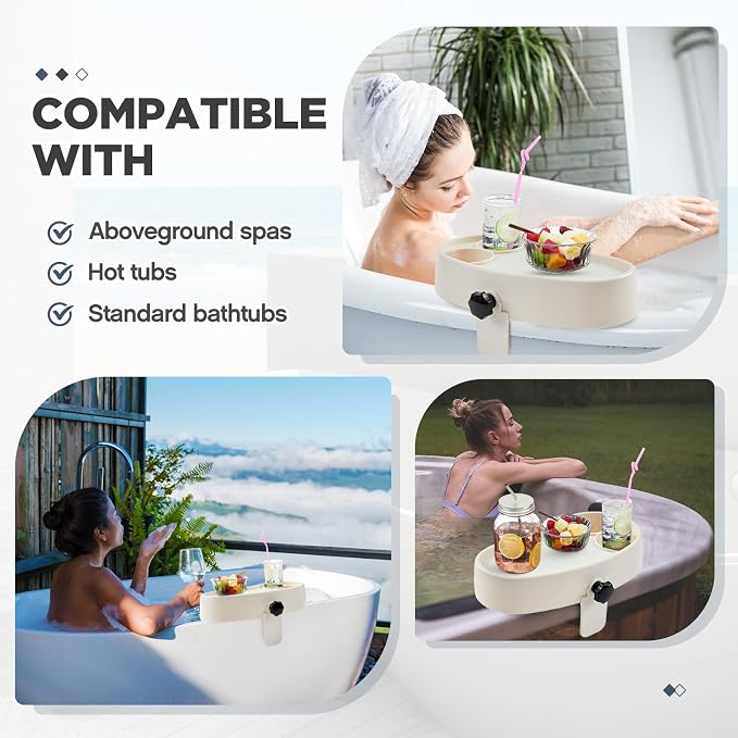 2 Pcs Hot Tub Table Tray, Adjustable Aboveground Bathtub Tray with 2 Cup Holder, Between 2'' to 7.5'' Nonslip Hot Tub Accessories Shelf Drinks Snacks Phone Holder for Spa Bathtub (Ivory White)