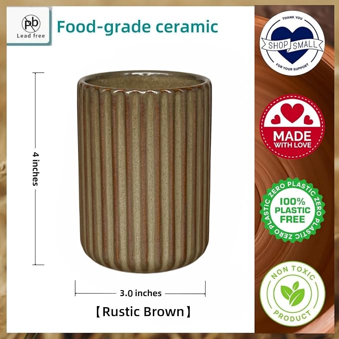 Stoneware Toothbrush Holder for Bathroom Tooth Brush Holder for Bathroom Toothbrush Cup Toothbrush Holders Cute Fluted Vertical Ribbed Stripe (Rustic Brown)