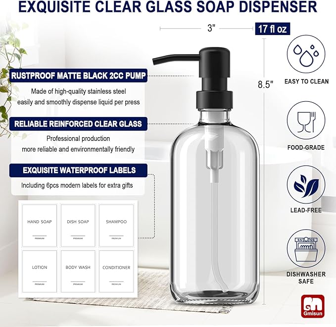 GMISUN Shampoo and Conditioner Dispenser, 3 Pack Clear Glass Bathroom Shampoo Conditioner Body Wash Dispenser with Pump for Shower, 17 Fl Oz Hand Soap Dish Soap and Lotion Dispenser Set for Kitchen