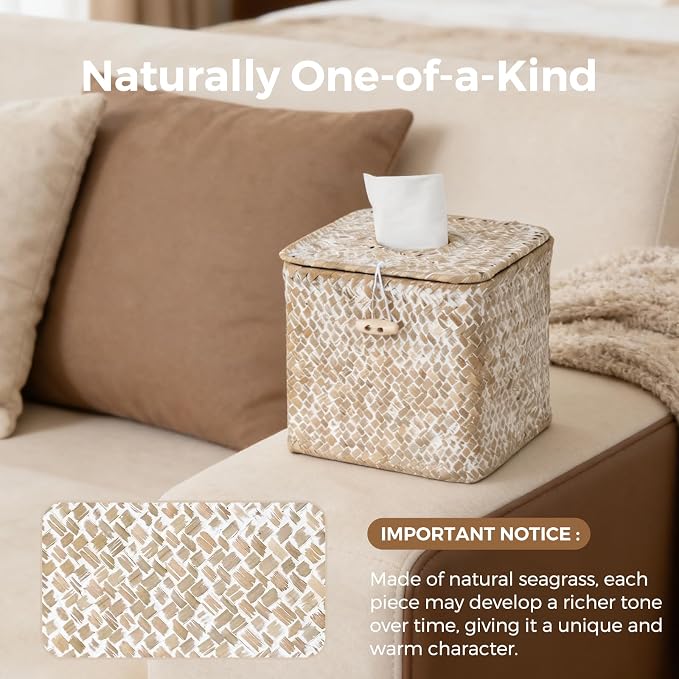 Seagrass Tissue Box Cover Square, Woven Wicker Tissue Box Holder, Whitewash | With Lid, Natural Seagrass, Handwoven, Boho Decor, Decorative Facial Cube Tissue Cover Holder for Bathroom Office Table