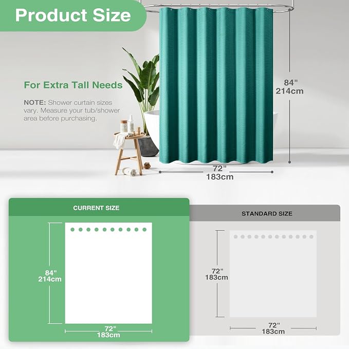 Extra Long Waffle Shower Curtain 256GSM Fabric 72x84 Seaweed Green | 84 Inch Long, Thick Cloth, Weighted Hem, Water Repellent, Tall Hotel Luxury Polyester Shower Curtains for Bathroom 12 Hooks