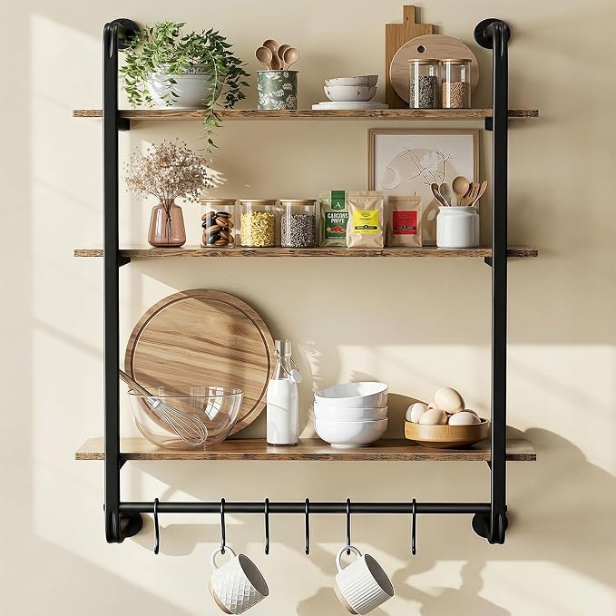 3 Tier Industrial Pipe Floating Shelf, 24" Kitchen Wall Shelves | with Towel Bar & 6 Hooks, Coffee Bar Shelves Display Bookshelf Wall Shelf for Kitchen, Bathroom, Home Décor, Rustic Brown