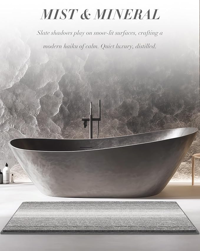 Chenille Bathroom Rugs, 24 x 43 Inches Non Slip Absorbent Bath Mat, Soft Shaggy Shower Bath Floor Mats for Bathroom, Machine Washable(Grey)