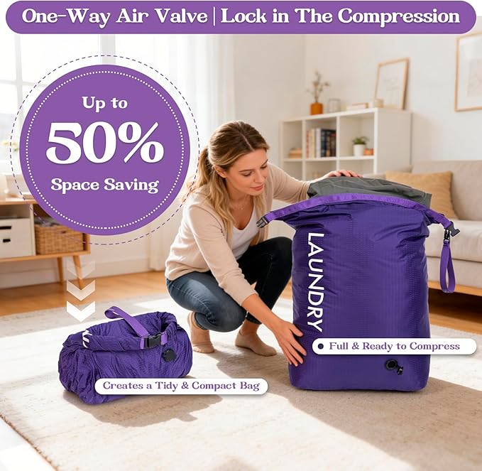 Travel Laundry Bag, Vacuum Compression Dirty Clothes Travel Bag | Waterproof Wet/Dry Space-Saving Laundry Storage Organizer, Smell Proof Storage Bag for Clothing, Swimming, Yoga, Gym, Camping
