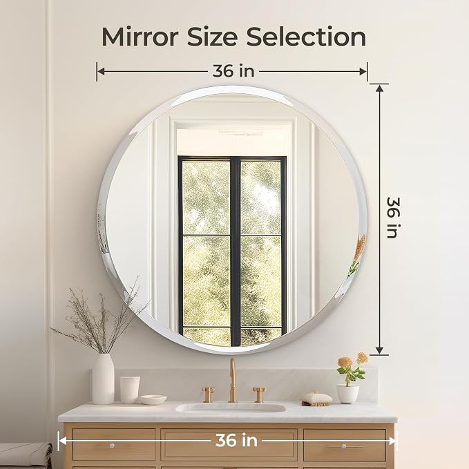 36" Round Frameless Wall Mirror with Beveled Edge | Circle Mirror for Bathroom & Vanity, Elegant & Simple Look