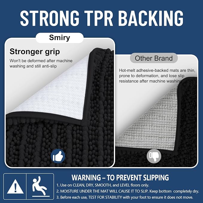 Smiry Bathroom Rugs 59X20, Extra Soft Rubber Backing Chenille Bath Mats | Black Machine Washable Non Slip Quick Dry Bath Mats for Bathroom Floor, Tub, Shower, Home Decor Accessories