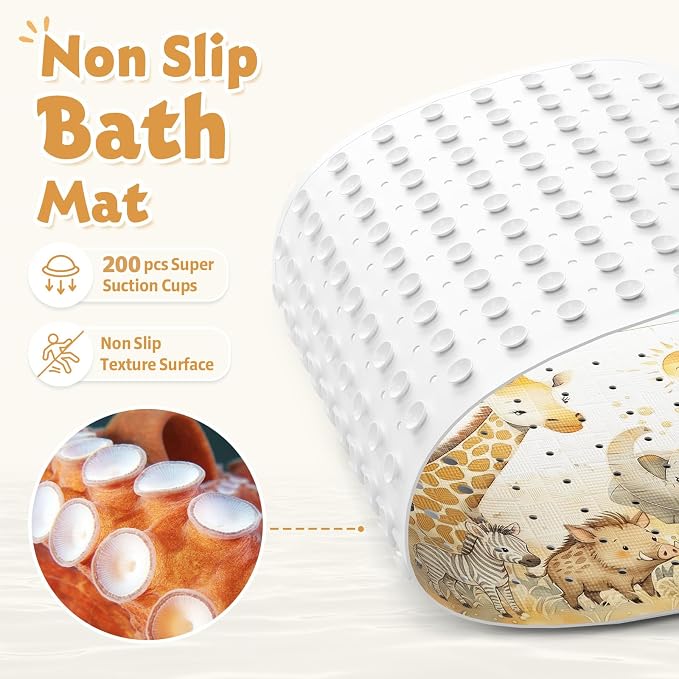 Baby Bath Mat for Tub Non Slip Kids, BPA Free Extra Long Bathtub Mat 40x16 with Drain Holes and 200 Suction Cups, Non Toxic Machine Washable Toddler Bath Mat, Eco-Friendly Certified