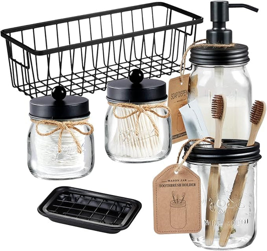 SheeChung Mason Jar Bathroom Accessories Set,6Pcs Rustic Bathroom Set,Black | Glass Bathroom Accessory Set, Soap Dispenser, Toothbrush Holder, 2 Qtip Holders,Soap Dish,Wire Basket,Western Farmhouse Decor