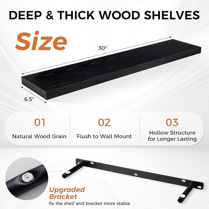 Fun Memories Floating Shelves for Wall, 30" Rustic Wood Deep Wall Mounted Shelves with Invisible Brackets for Decor & Storage, Floating Shelf for Living Room, Bathroom (Black, Set of 2)