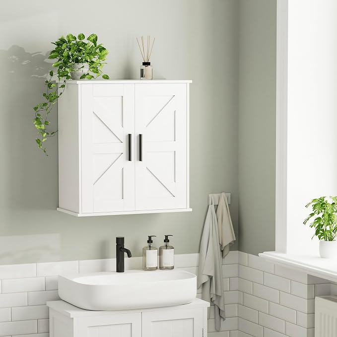 Homleke Bathroom Wall Cabinet, Medicine Cabinet with Adjustable Shelves | 3-Tier Wall Mounted Over Toilet Storage with Barn Doors, for Bathroom, Kitchen, Entryway, Laundry Room, White, (11.8" D)