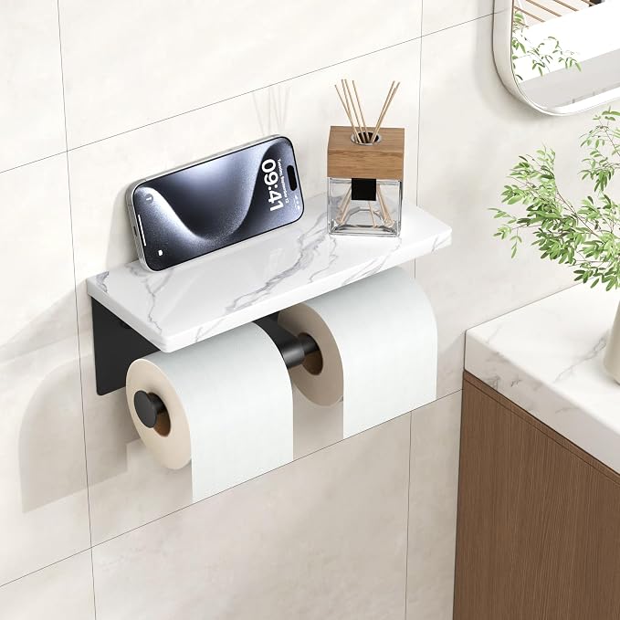 FORIOUS Double Marble Toilet Paper Holder with Phone Shelf, Mattle Black | Wall Mount 304 Stainless Steel Commercial Bathroom Tissue Roll Dispenser, Modern Heavy Duty Washroom Paper Storage