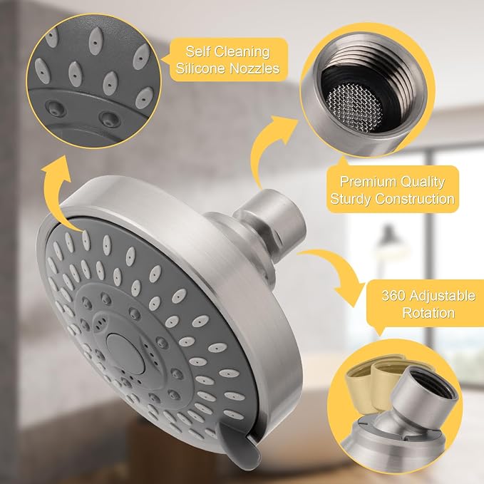 AISOSO High Pressure Rain Shower Head 2PCS 5 Modes 4.1 Inch Brushed Nickel | Low Water Pressure Compatible, Powerful Spray Fixed Showerhead for a Relaxing Indoor & Outdoor Shower