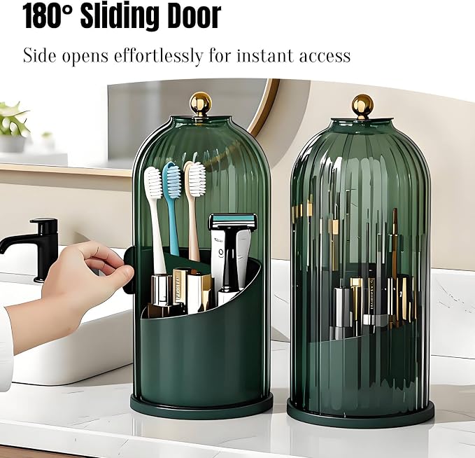 JEESA Dustproof Toothbrush Holder with Cover, All Green | 360° Rotating, 180° Sliding Lid, 3 Slots, Toothbrush Organizer, for Bathroom Countertop