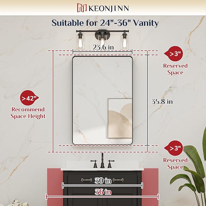 Keonjinn 24 x 36 Inch Brushed Nickel Bathroom Mirrors for Over Sink | HD Tempered Glass, Silver Vanity Mirror, Rust-Resistant Aluminum Frame, Rounded Rectangle, French Cleat Mount, Home Décor