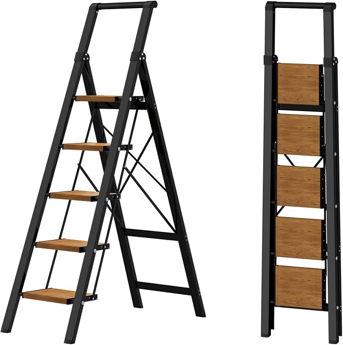 HillhutApex Aluminum 5 Step Ladder, Step Stool Foldable(Black Woodgrain) | Anti-Slip Pedals,330lbs Capacity,Lightweight Folding Ladders for Home,Office,Libaray