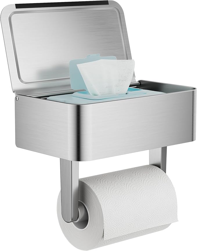 Toilet Paper Holder, Stainless Steel Wall Mount Bathroom Organizer with Shelf, Flushable Wipes Dispenser Storage Fits Any Bathroom and Hide Your Wet Wipes, Regular Roll (nickel)