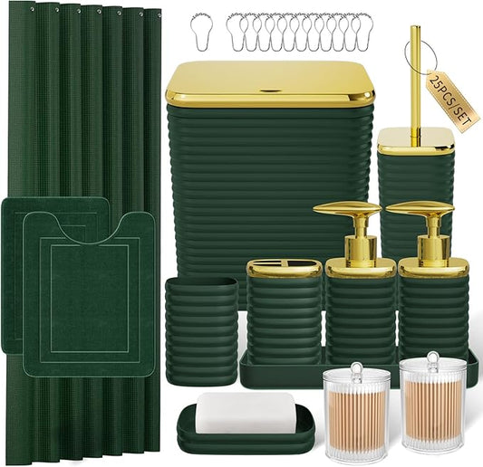 Bathroom Set - 25PC Bathroom Sets with Shower Curtain and Rugs, Green Bathroom Set, Bathroom Accessory Set, Luxury Bathroom Accessories Set, Trash Can, Toilet Brush, Soap Dish & Soap Dispenser