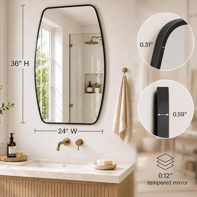 Matte Black Curved Rectangle Bathroom Mirror, 24x36 Inch | Aluminum alloy frame, tempered glass, two-way keyhole mount, for bedroom, entryway, hallway