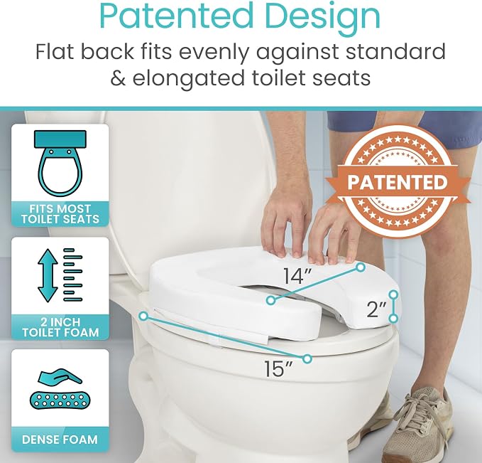 Vive Toilet Seat Riser Cushion for Seniors - Fits All Toilet Seats | Raised Toilet Seat with High-Density Foam for Elongated & Standard - Cushioned & Padded - Elevated Medical Handicap Lifter