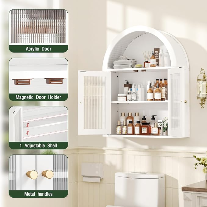 Medicine Cabinet with Arched Top, Bathroom Wall Cabinet Over Toilet with Wave Pattern Acrylic Doors and Removable Shelf, Roman Style Small Wall Cabinets for Kitchen, Living room, Laundry Room, White
